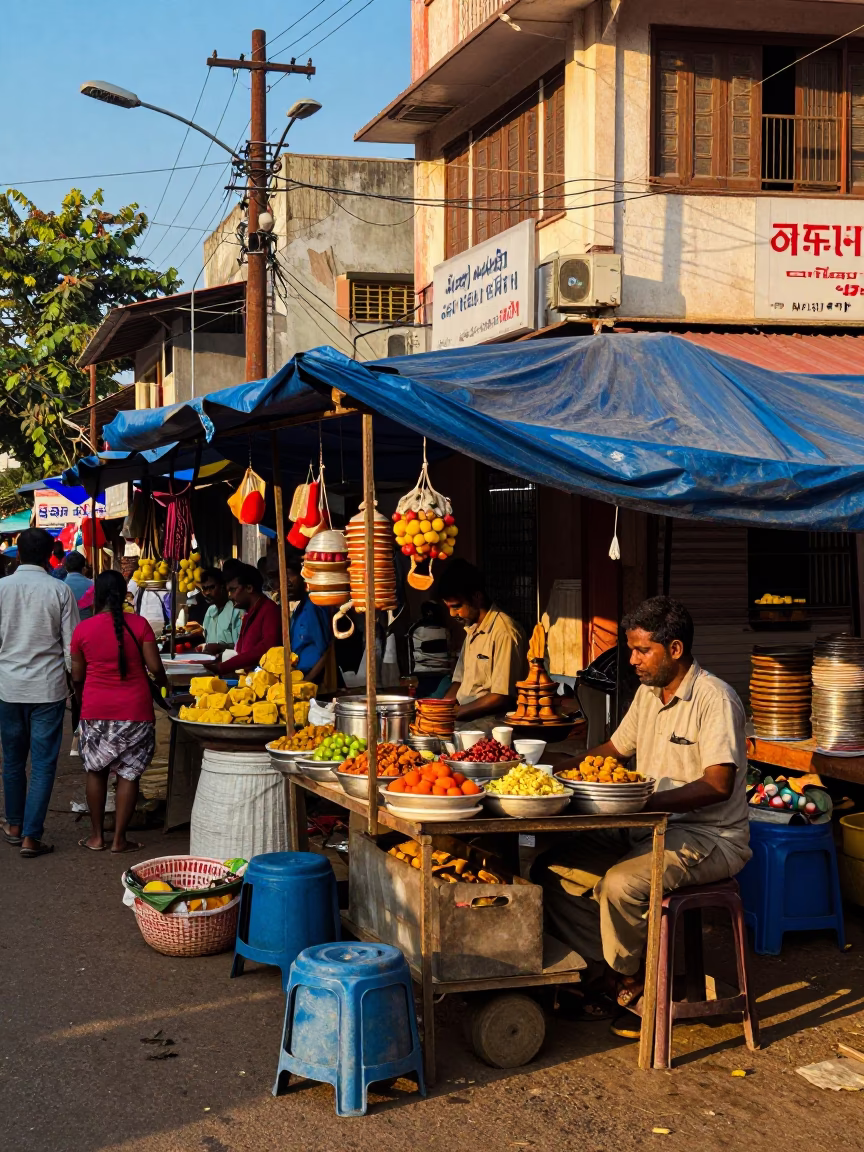 Chennai India late afternoon street scene with local vendor and traditional elements in in Chennai, India