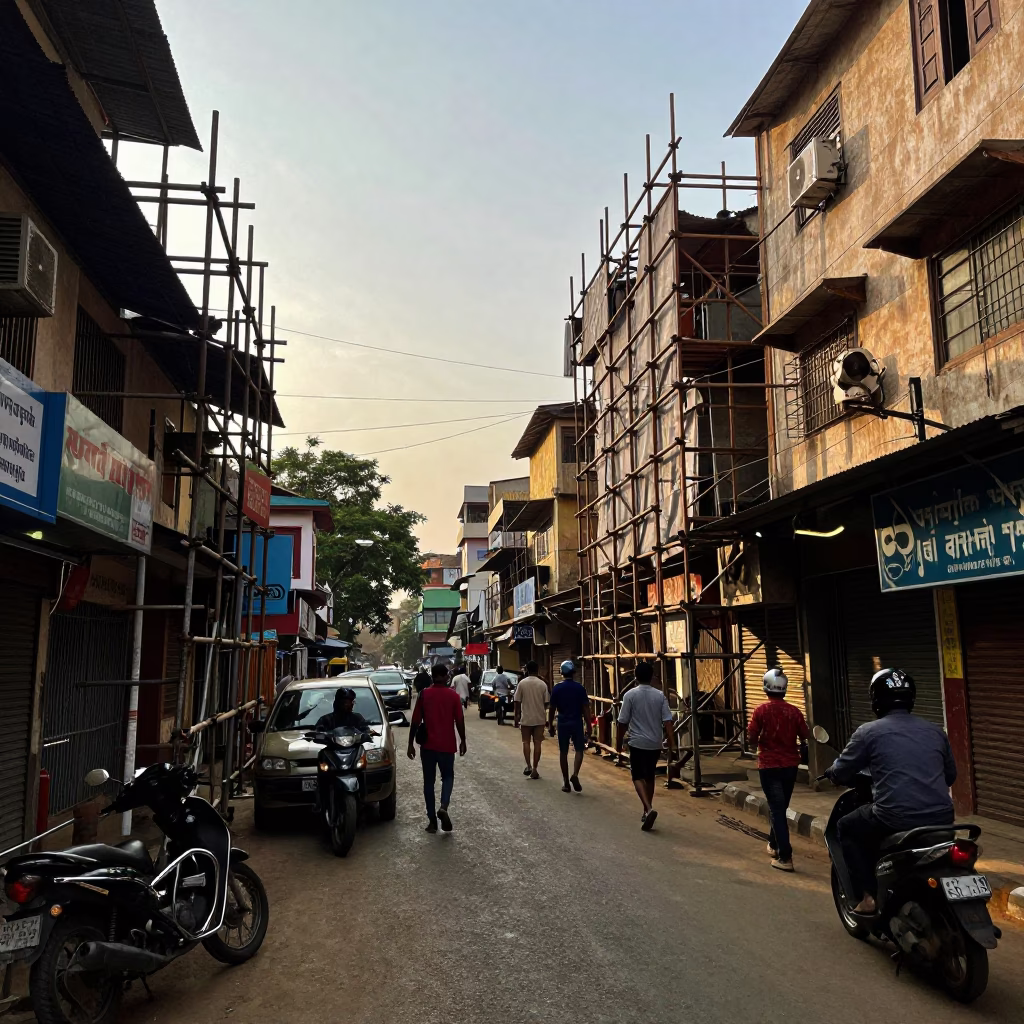Chennai India Late Afternoon Street Scene with Scaffolding and Urban Life in in Chennai, India