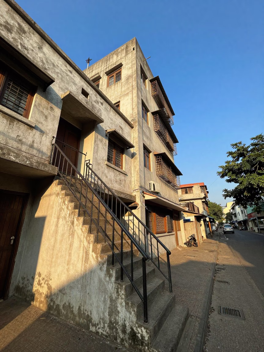 Chennai India Late Afternoon Street Scene with Stair Rail and Local Life in in Chennai, India