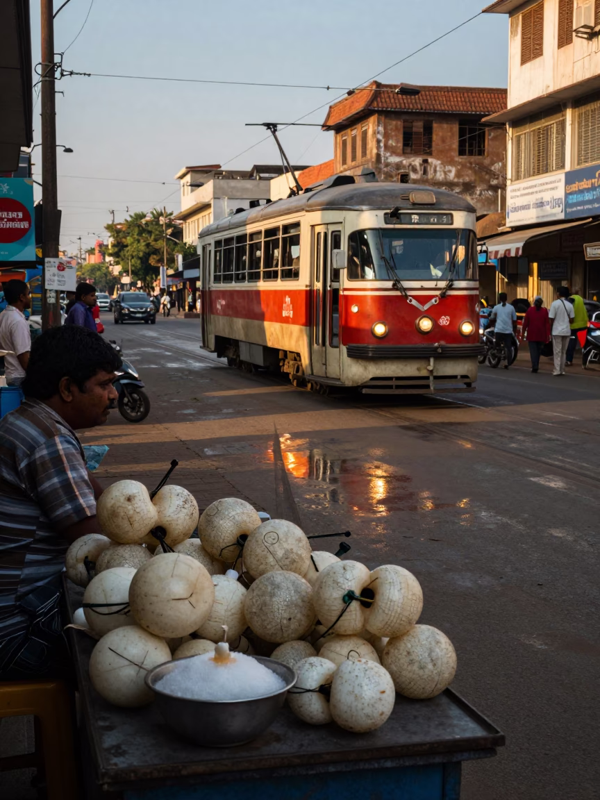 Chennai India Late Afternoon Street Scene With Tramcar Reflection And Local Commerce in in Chennai, India