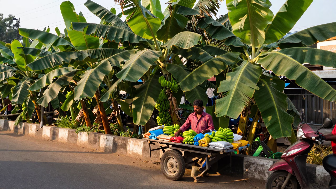 Chennai India Late Morning Street Scene with Banana Plantation and Traditional Jar in in Chennai, India