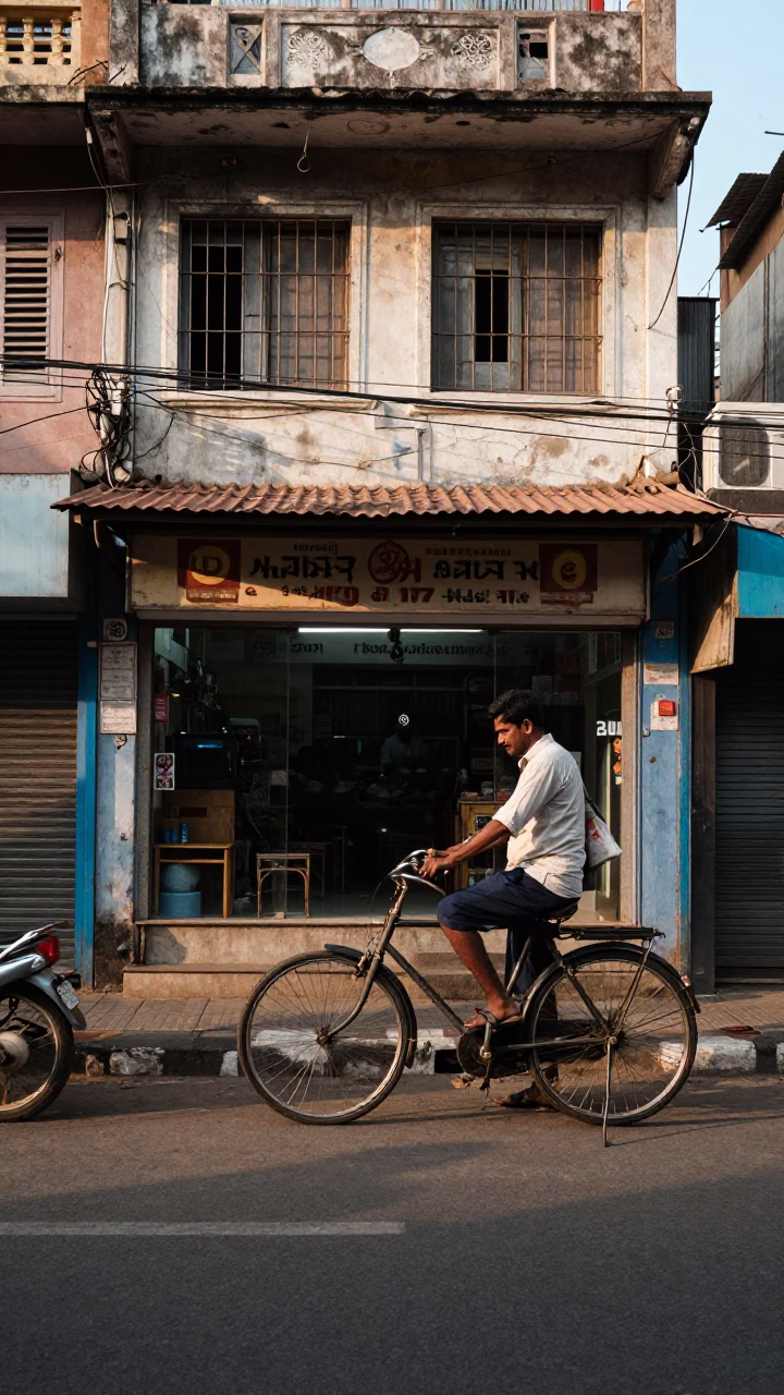 Chennai India Late Morning Street Scene with Bicycle and Glass Tumblers in in Chennai, India