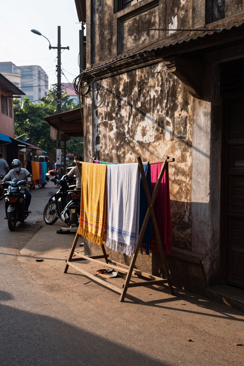 Chennai India Late Morning Street Scene with Drying Rack and Metal Bucket in in Chennai, India