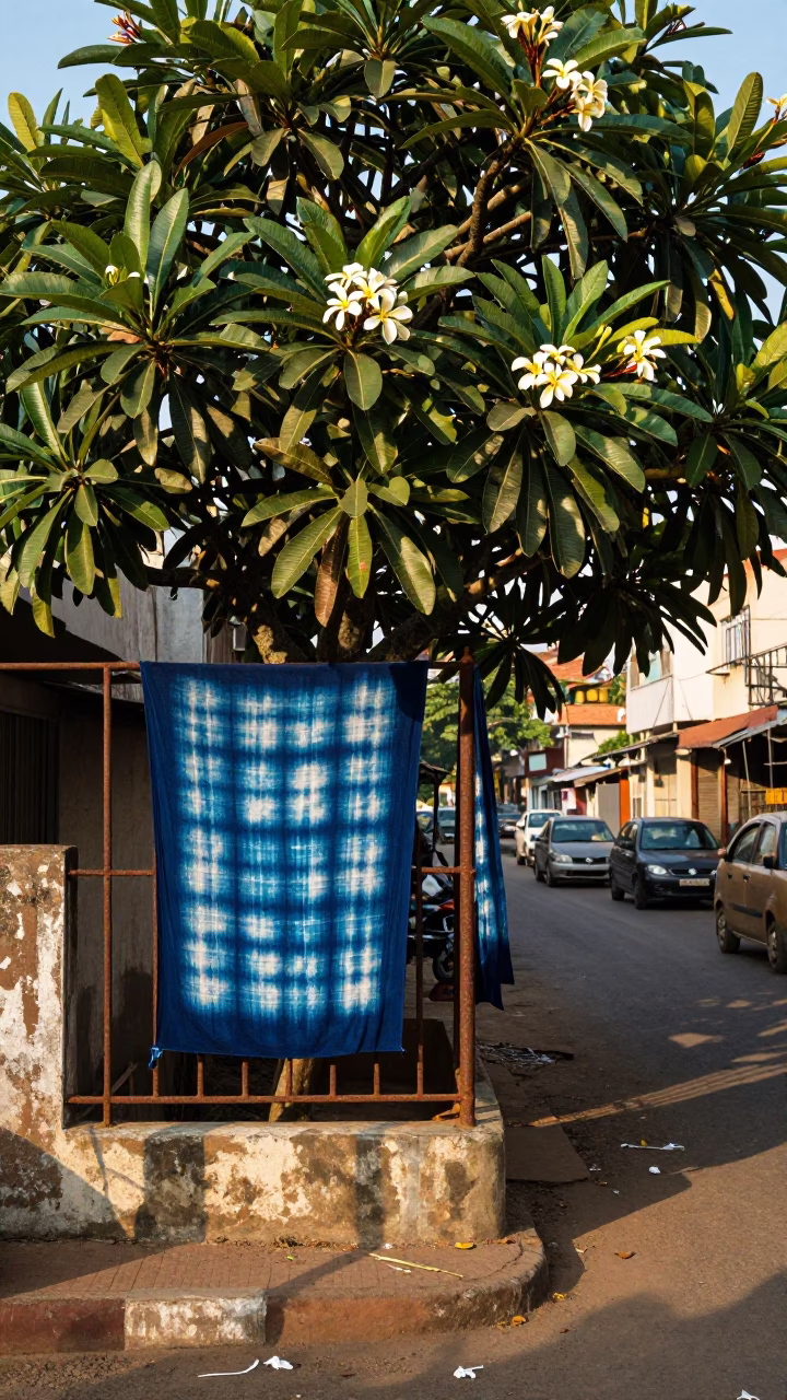 Chennai India Late Morning Street Scene with Frangipani Tree and Indigo Fabric in in Chennai, India