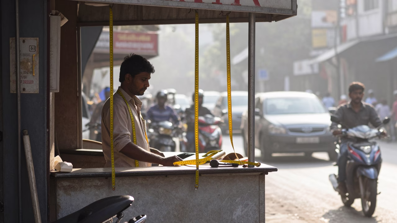 Chennai India Late Morning Street Scene with Measuring Tapes and Local Commerce in in Chennai, India