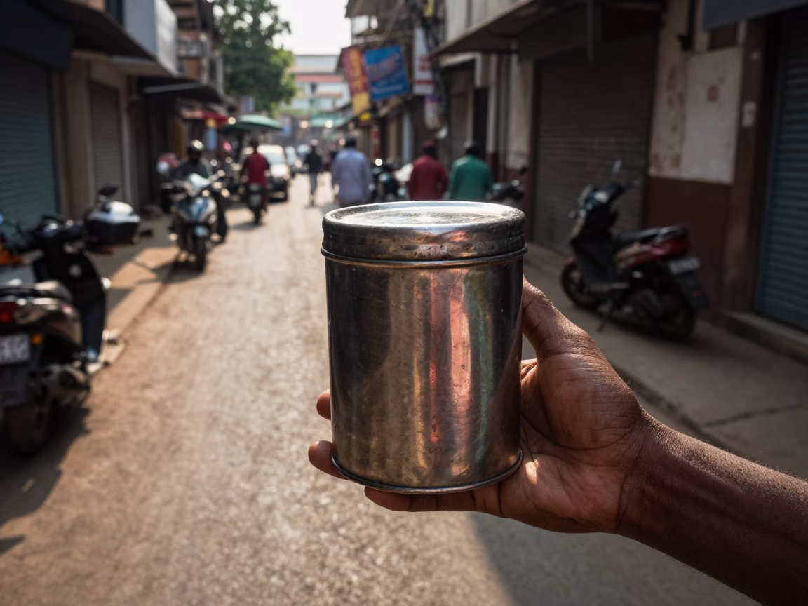 Chennai India late morning street scene with tiffin tin and brooms in in Chennai, India