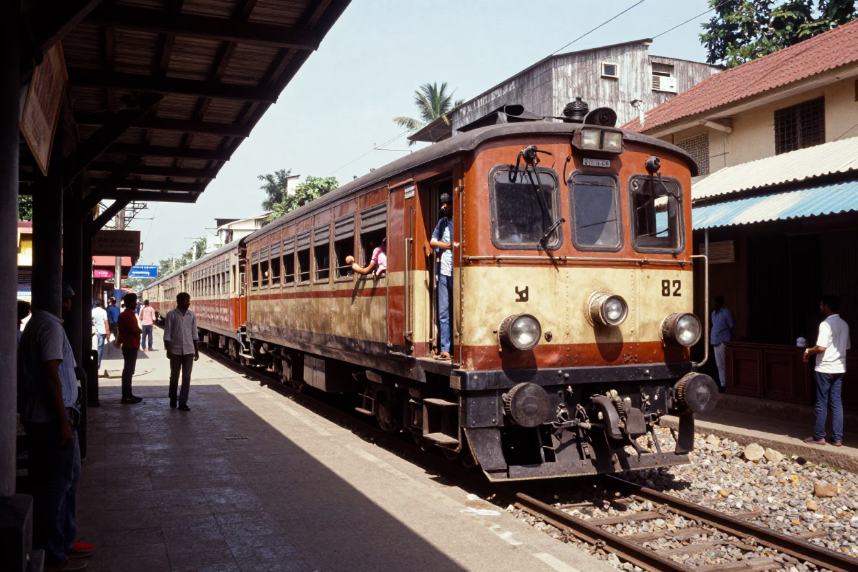 Chennai India Midday Street Scene Narrow Gauge Train and Rolling Carts in in Chennai, India