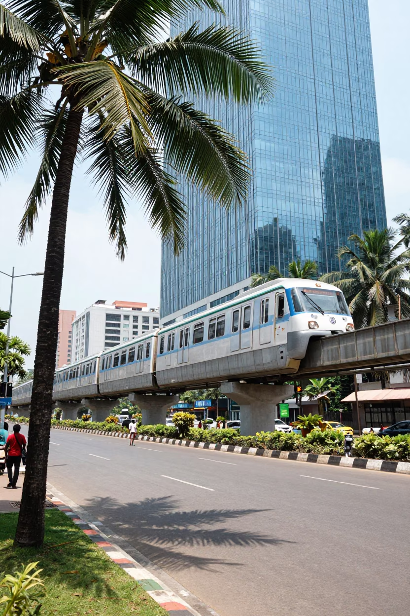 Chennai India Midday Street Scene with Monorail Gliding Past Glass Towers and Palm Trees in in Chennai, India