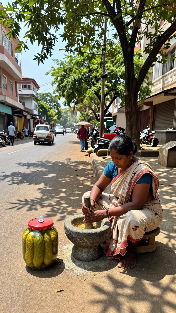 Chennai India Midday Street Scene with Pickle Jar and Mortar Pestle in in Chennai, India