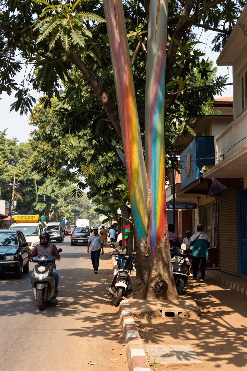 Chennai India Midday Street Scene with Rainbow Eucalyptus and Local Life in in Chennai, India