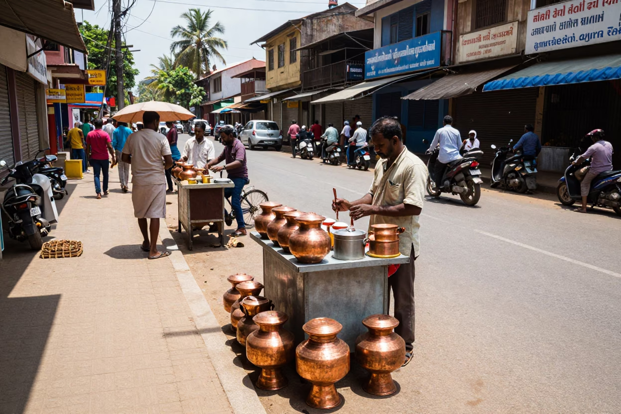 Chennai India Midday Street Scene with Traditional Copper Urns and Local Traffic in in Chennai, India