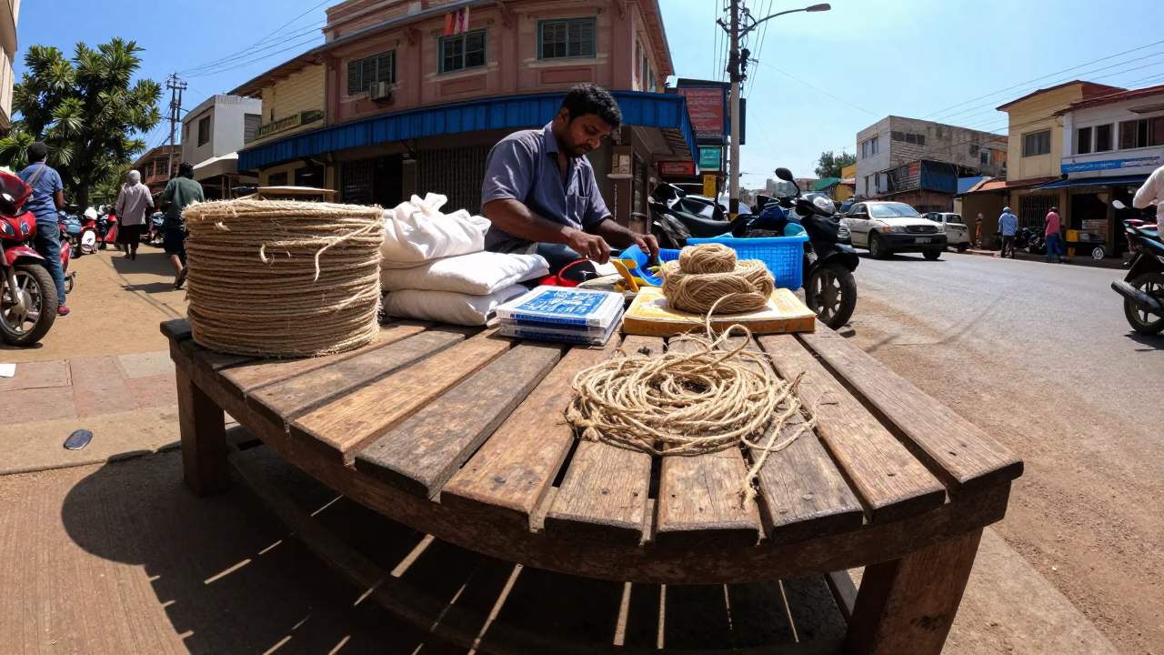 Chennai India Midday Street Scene with Twine Fibers and Local Commerce in in Chennai, India