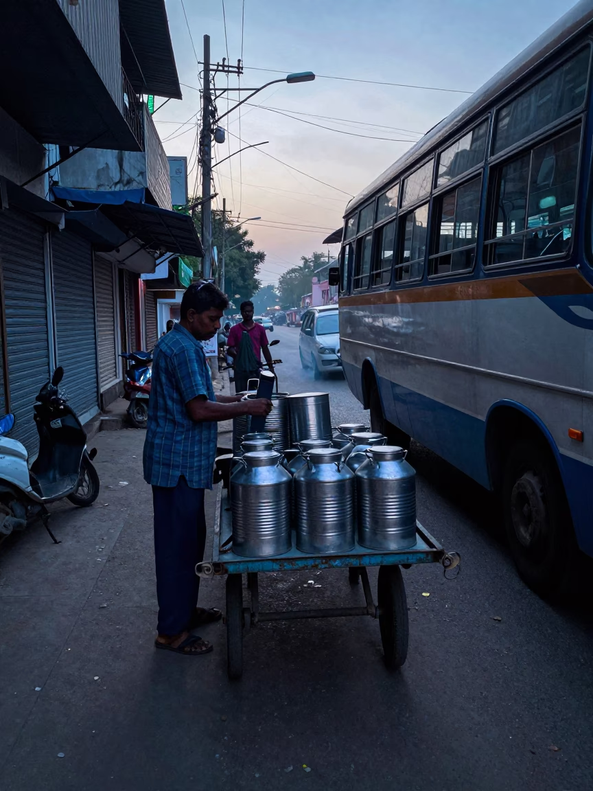 Chennai India Morning Street Scene with Canisters and Brushed Steel at Sunrise in in Chennai, India