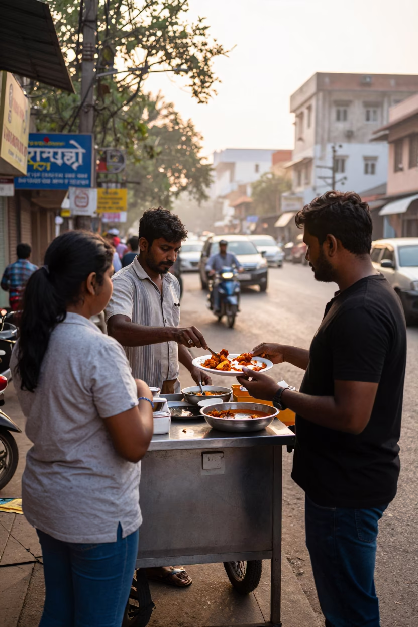 Chennai India Morning Street Scene with Local Food Vendor and Early Commuters in in Chennai, India