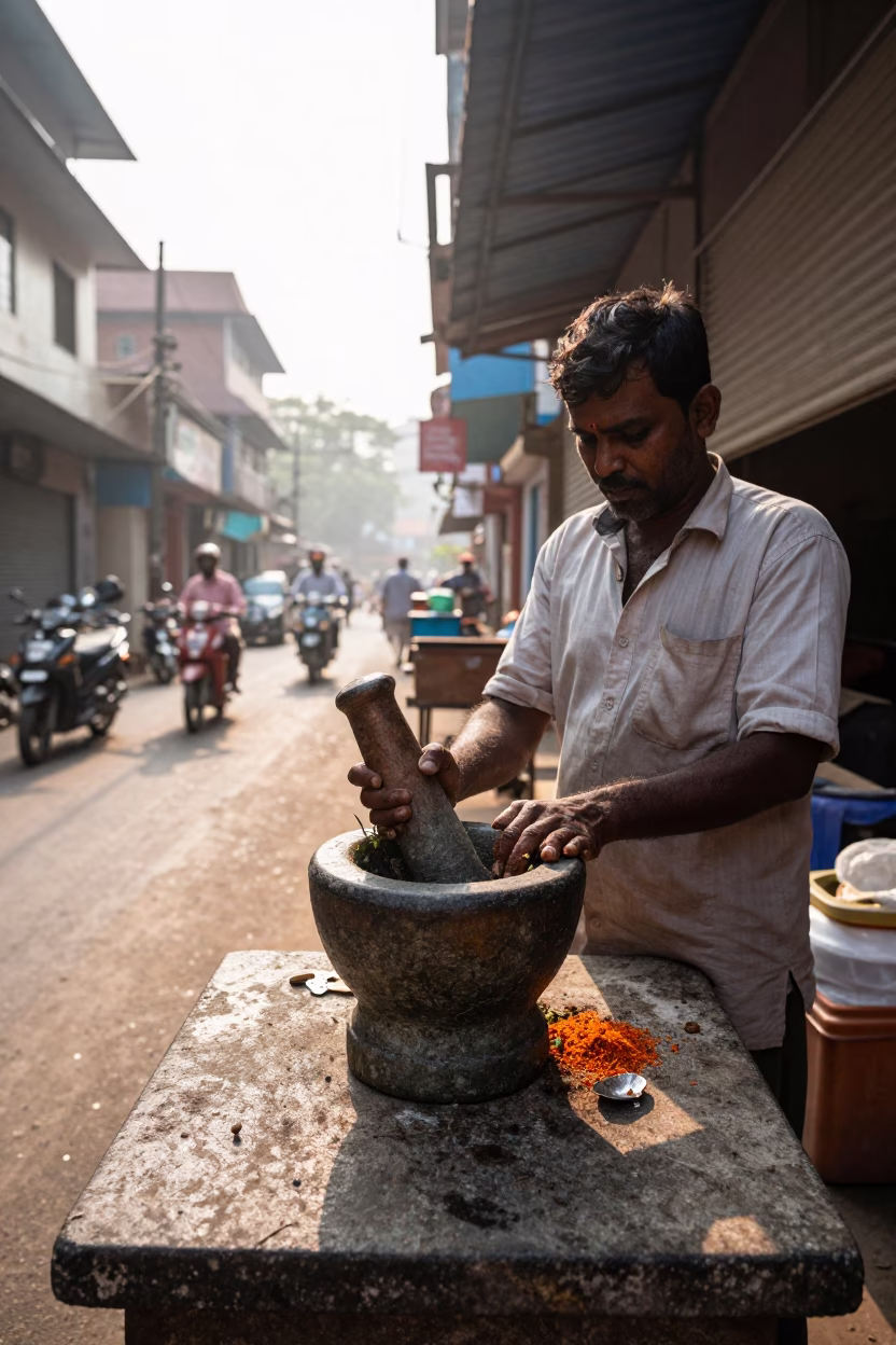 Chennai India Morning Street Scene with Mortar and Pestle at First Light in in Chennai, India