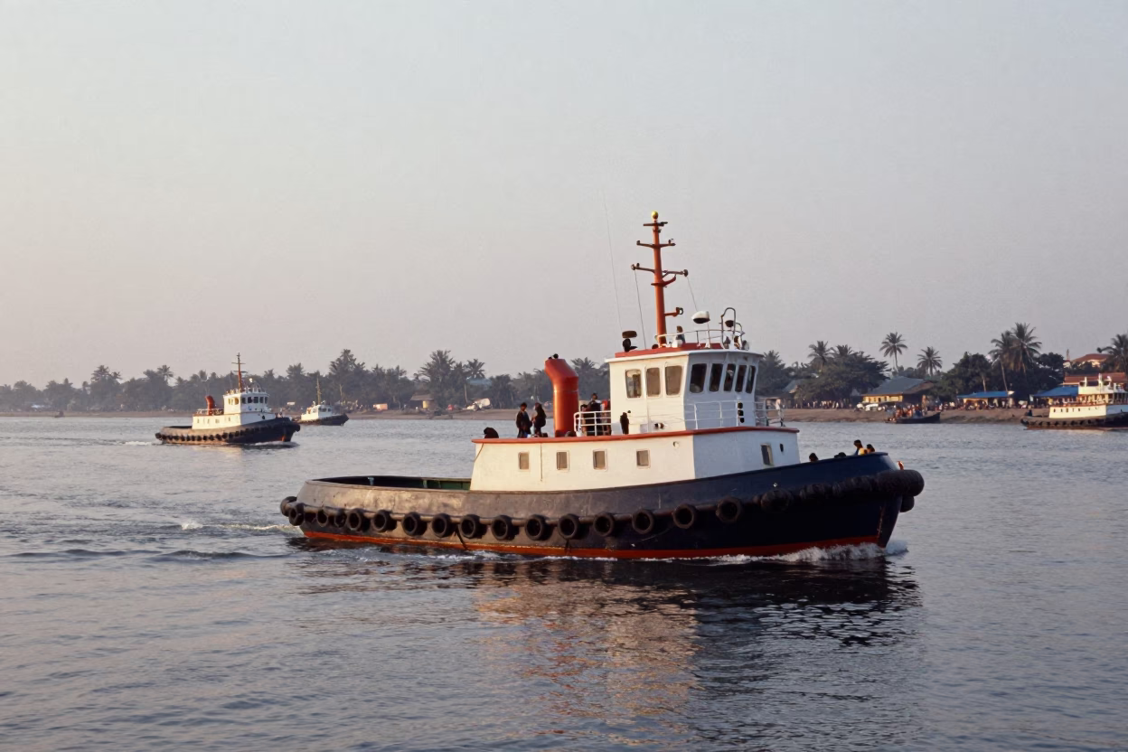 Chennai India Nautical Dawn Harbor Tugboat Activity and Coastal Morning Light in in Chennai, India