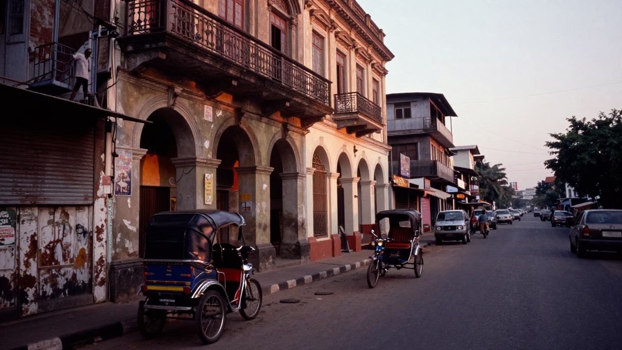 Chennai India Nautical Dawn Street Scene with Rickshaw and Local Commerce in in Chennai, India