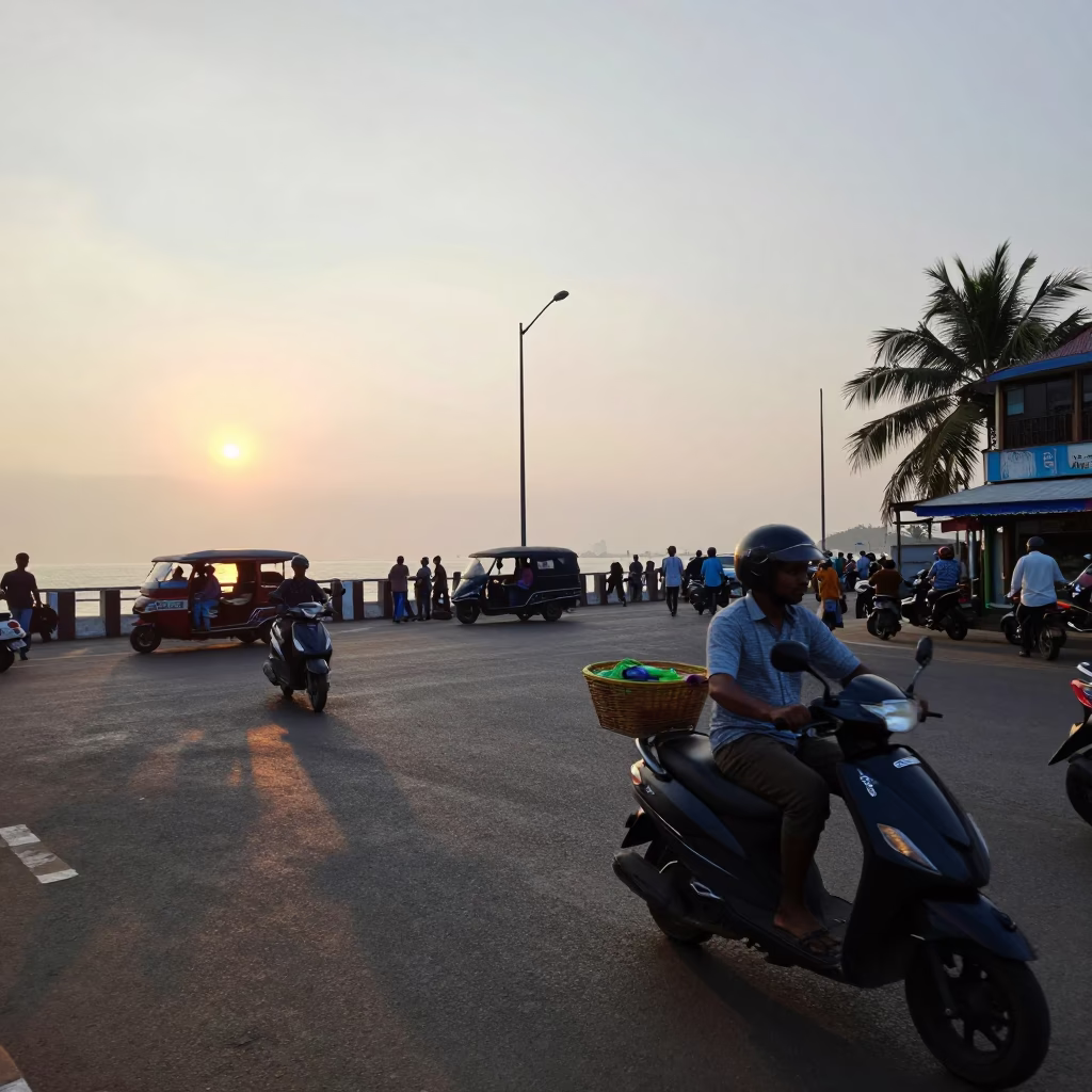 Chennai India Nautical Dawn Street Scene with Scooter and Basket in in Chennai, India