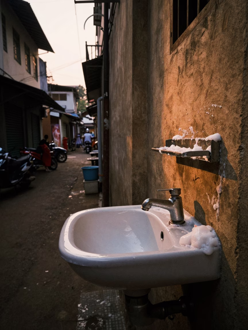 Chennai India Nautical Dawn Street Scene with Wash Basin and Soap Residue in in Chennai, India
