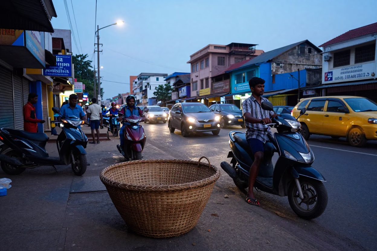 Chennai India Nautical Dawn Street Scene with Woven Basket and Morning Light in in Chennai, India
