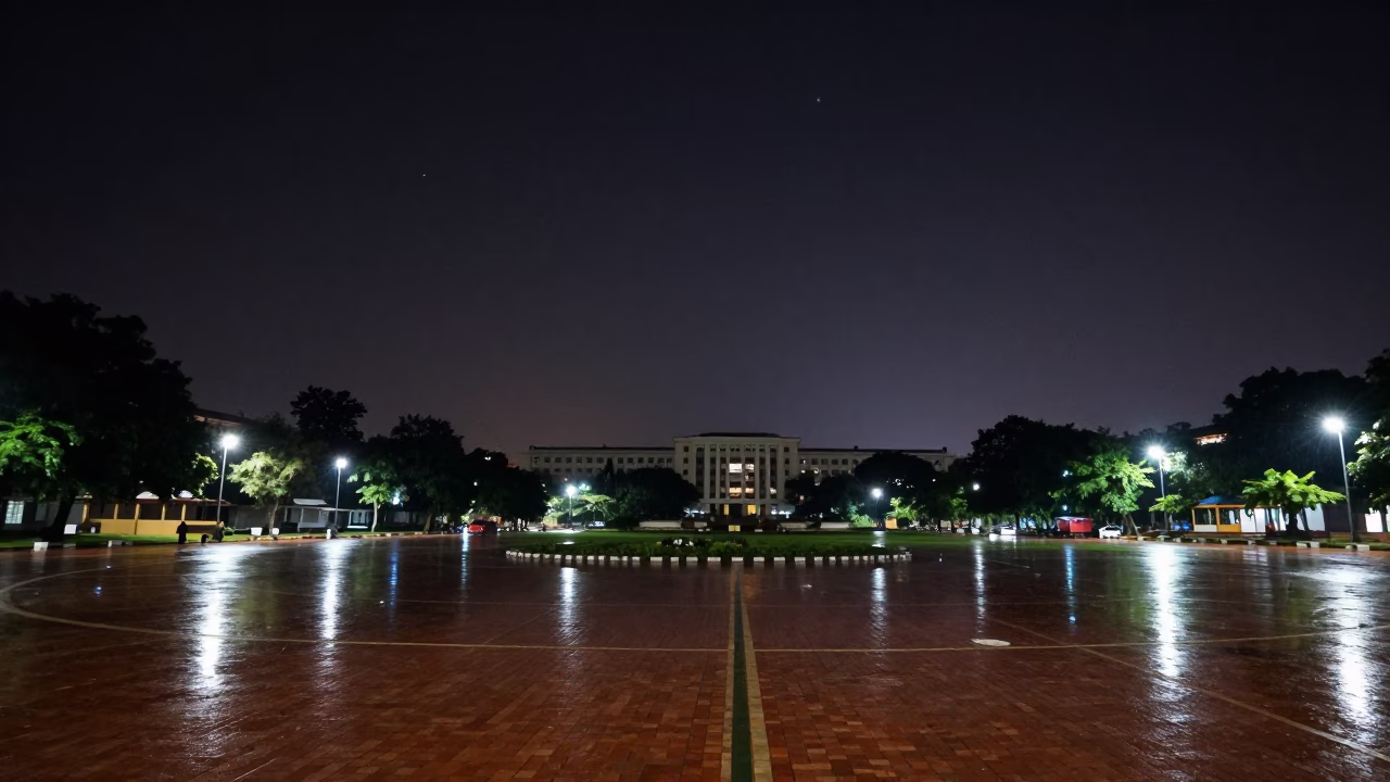 Chennai India Night Sky Above Brick Campus Quad Wet With Rain Between Buildings in in Chennai, India