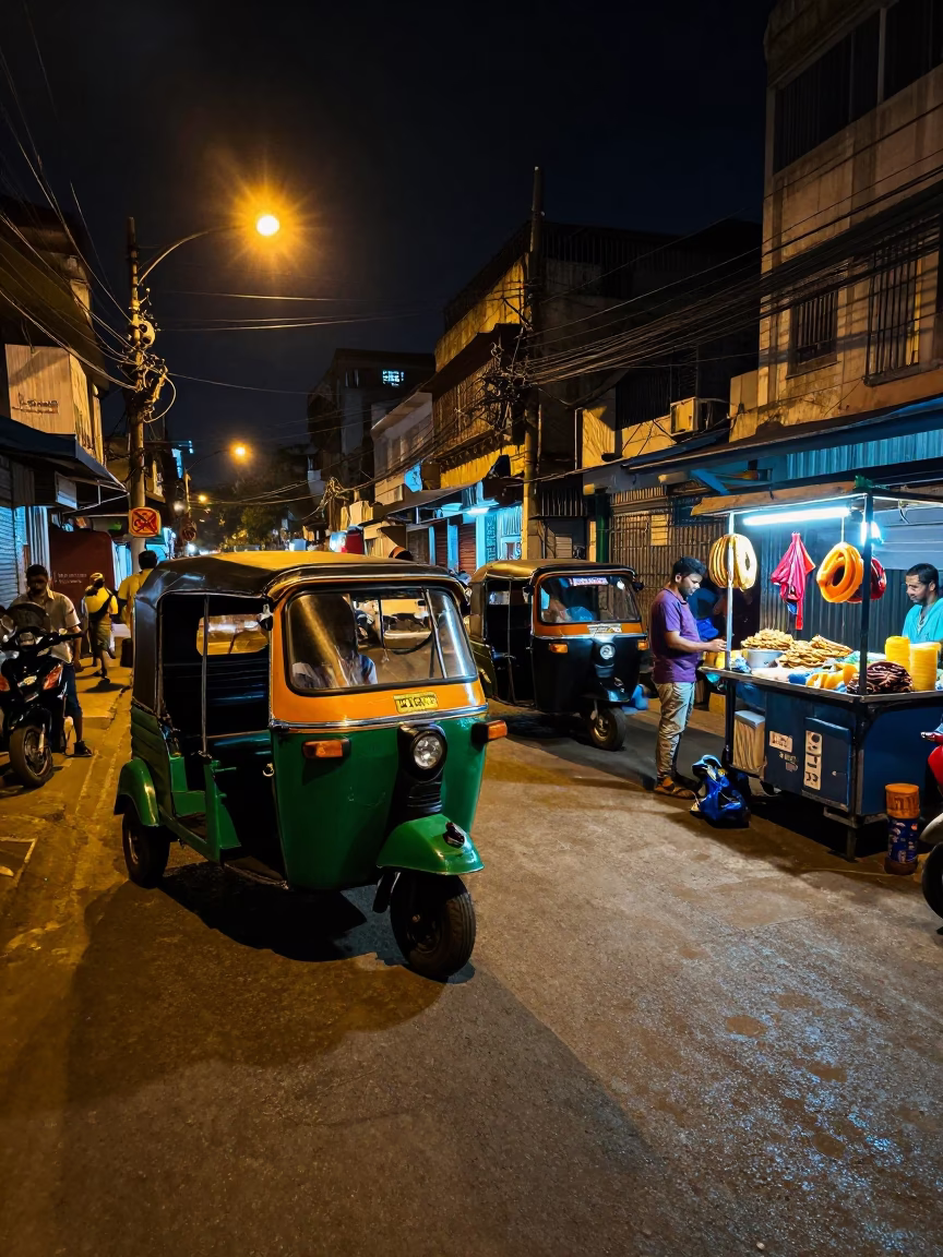 Chennai India Night Street Scene with Auto Rickshaw and Coiled Rope in in Chennai, India