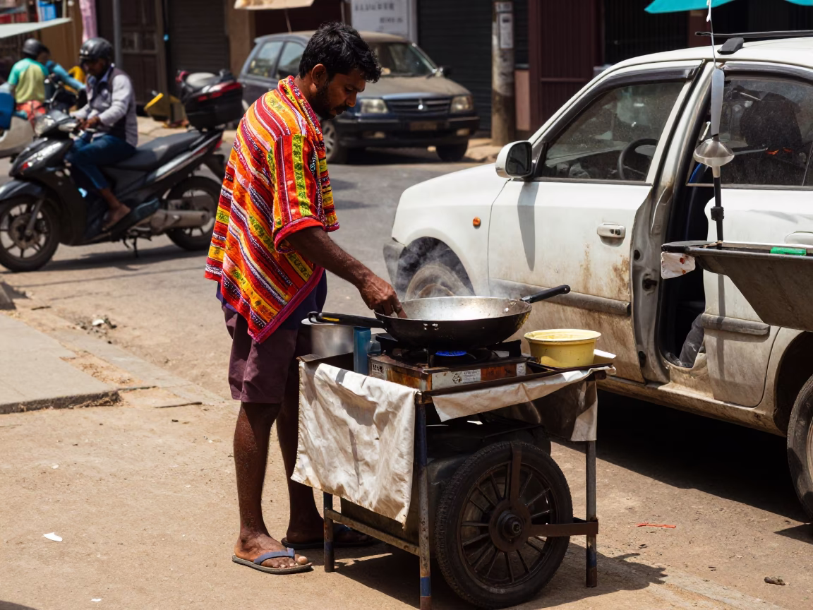 Chennai India Noon Street Scene with Dish Towel and Skillet on Urban Sidewalk in in Chennai, India