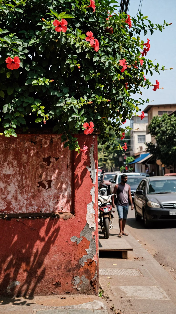 Chennai India Noon Street Scene with Hibiscus Flower and Rusting Metal Details in in Chennai, India