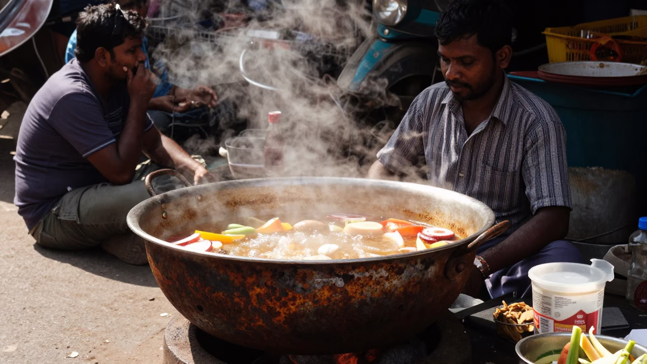 Chennai India Noon Street Scene with Rusty Metal Bowl and Hotpot Steam in in Chennai, India