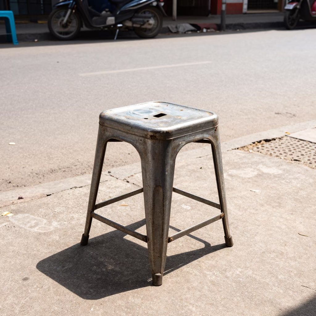 Chennai India Noon Street Scene With Work Stool And Local Market Details in in Chennai, India