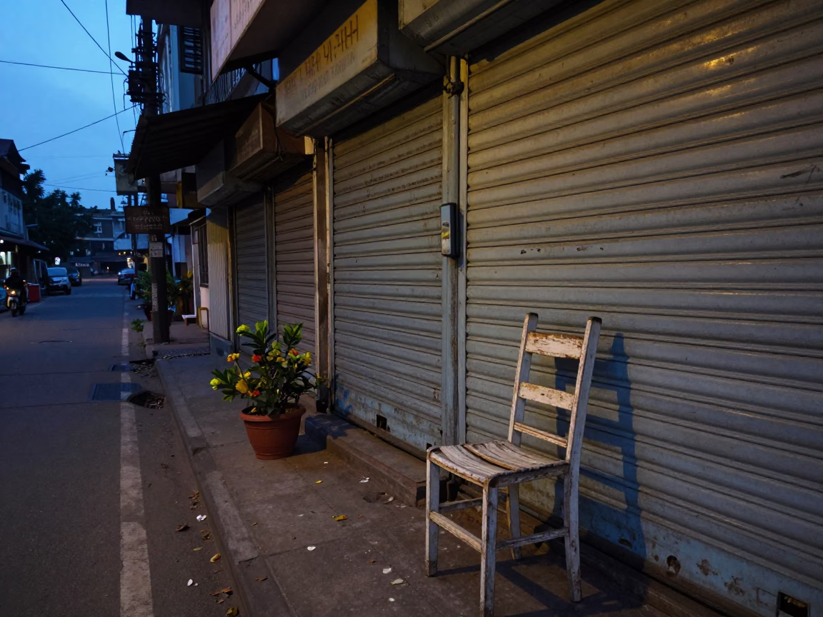 Chennai India pre-dawn street scene with flowerpot and ladder-back chair in in Chennai, India