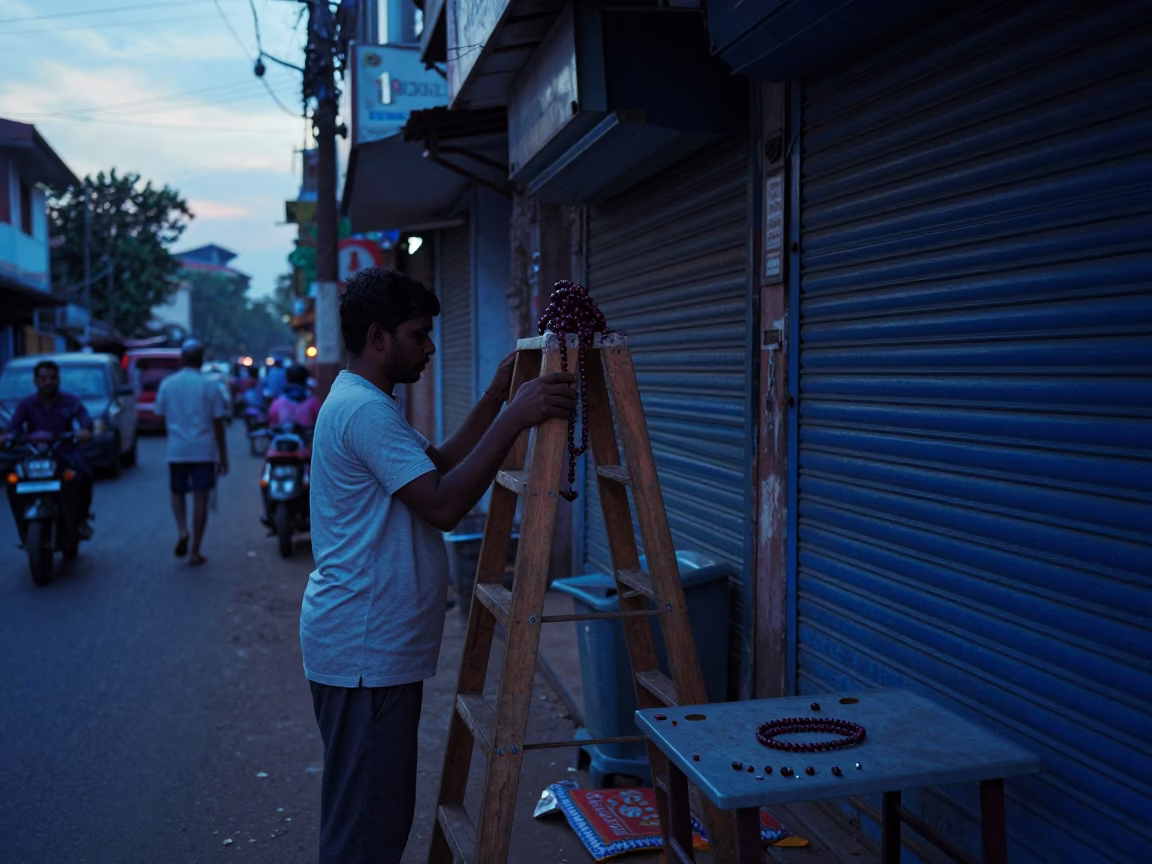 Chennai India Pre-Dawn Street Scene With Step Ladder And Prayer Beads in in Chennai, India