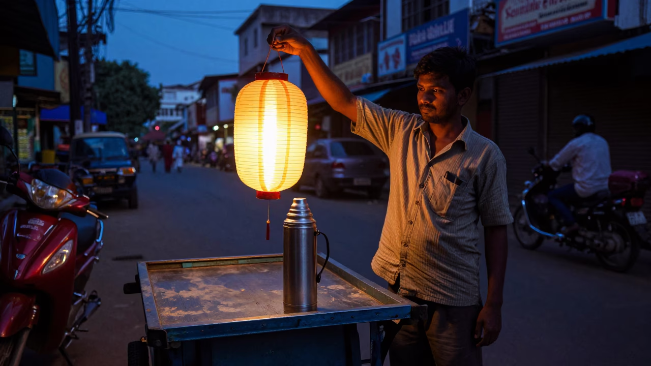 Chennai India Predawn Street Scene with Thermos and Paper Lantern in in Chennai, India