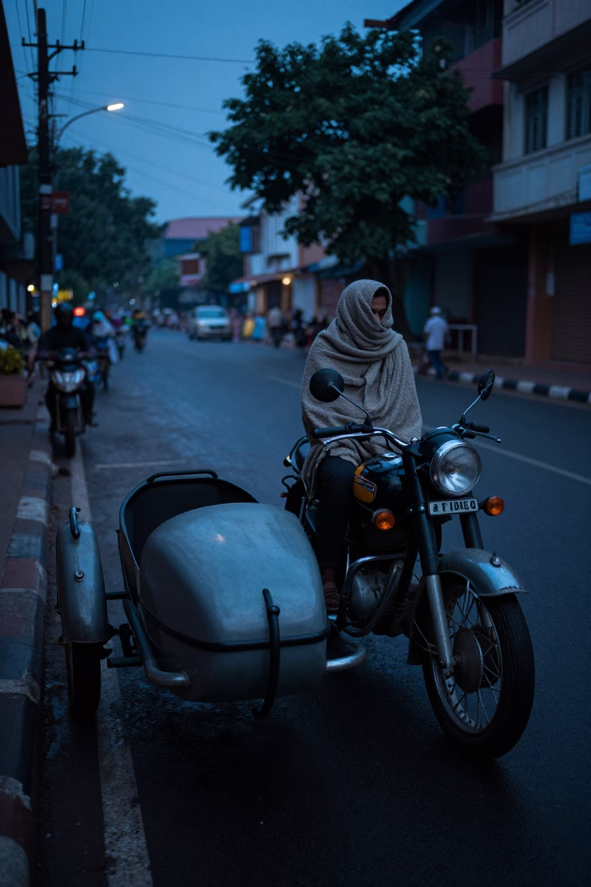 Chennai India Predawn Street Scene with Vintage Motorcycle Sidecar and Local Commerce in in Chennai, India