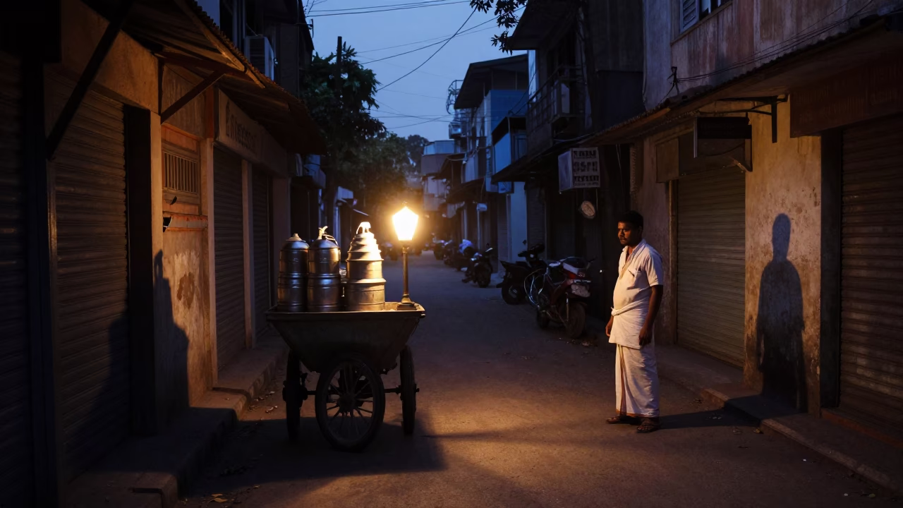 Chennai India predawn street scene with water carrier and lamp light in in Chennai, India