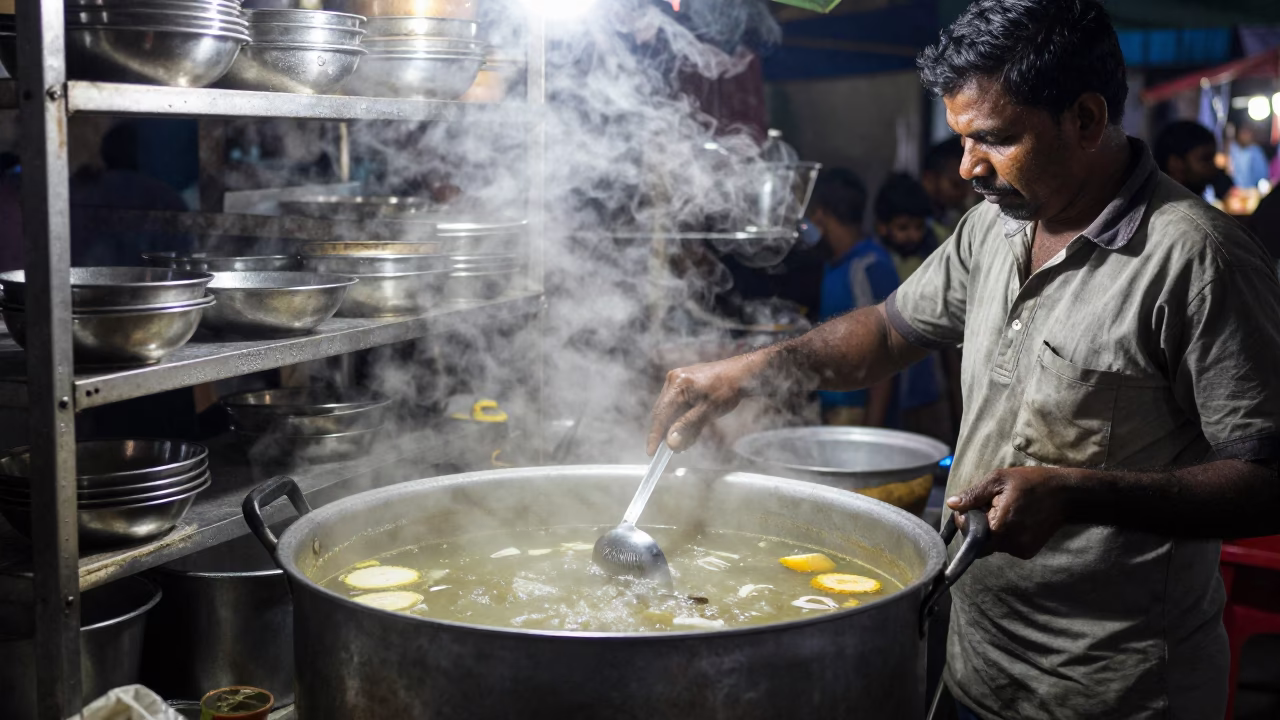 Chennai India street food vendor night soup bowls steam condensation in in Chennai, India
