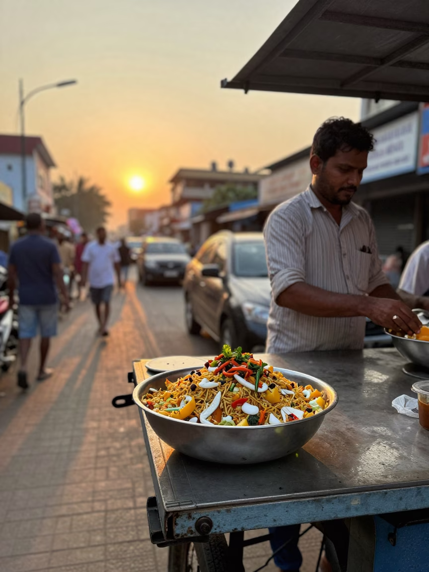 Chennai India street food vendor serving chaat with tamarind chutney at sunset in in Chennai, India