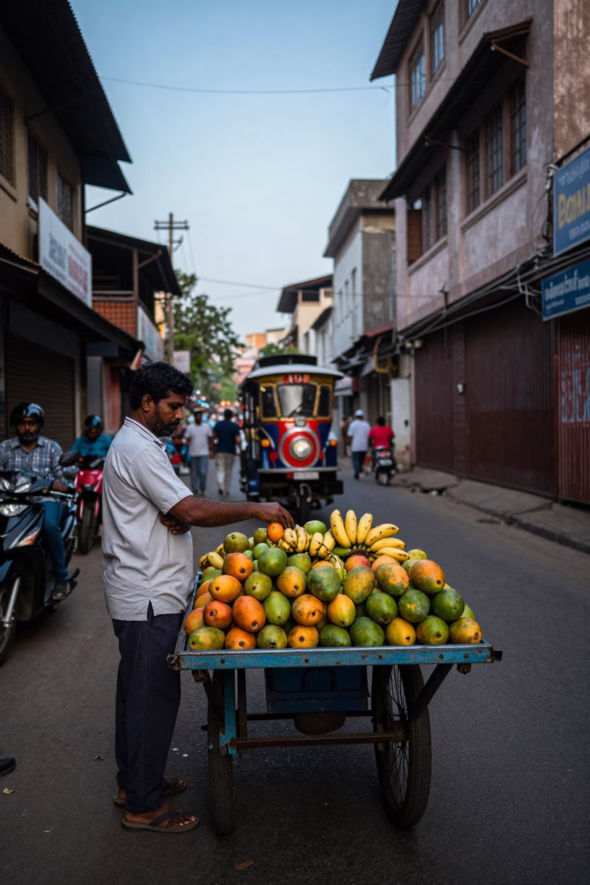 Chennai India street scene at blue hour with fruit vendor and narrow gauge train in in Chennai, India