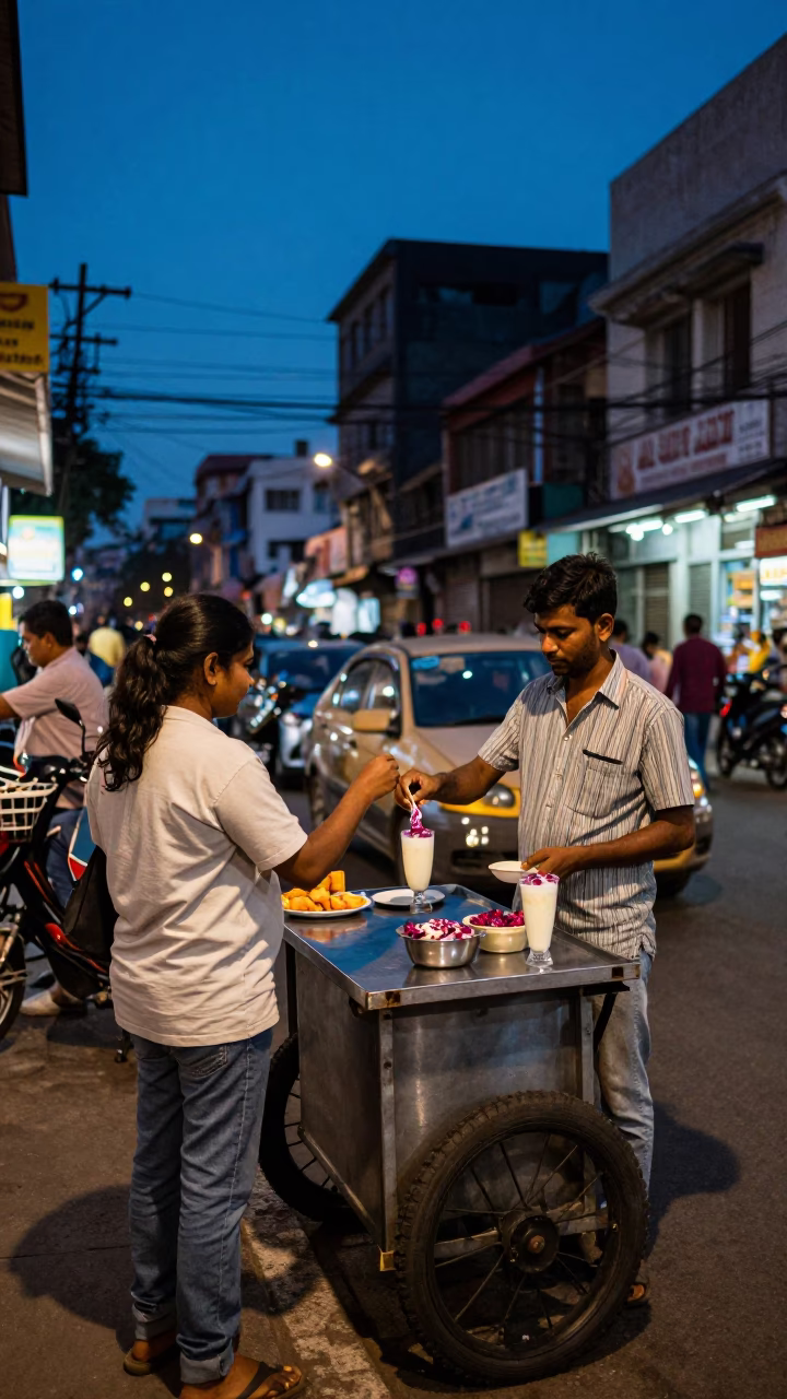 Chennai India street scene at blue hour with lassi and urban life in in Chennai, India
