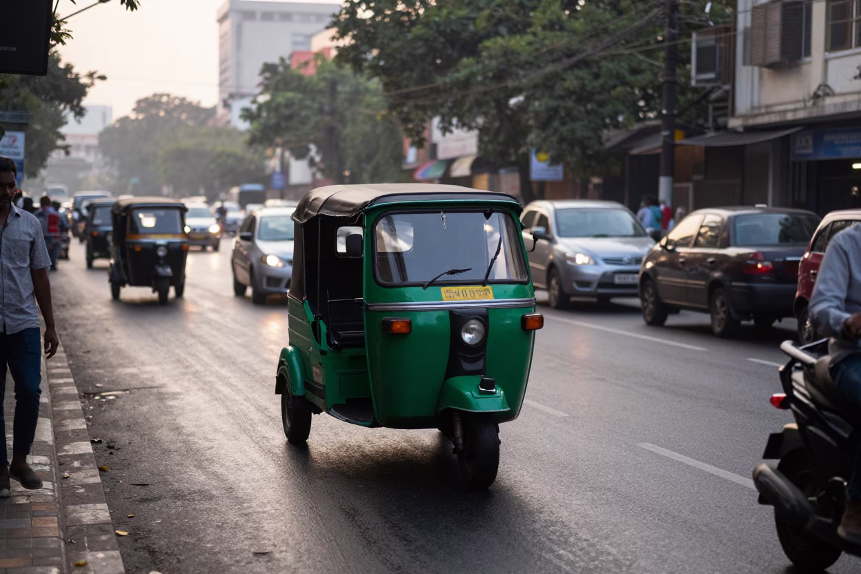 Chennai India Street Scene at Dawn with Auto Rickshaw and Morning Commuters in in Chennai, India
