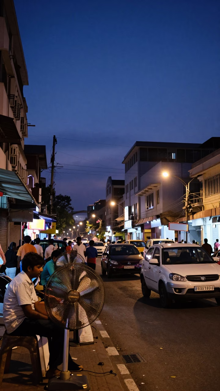 Chennai India Street Scene at Dusk with Electric Fans and Umbrella Stall in in Chennai, India