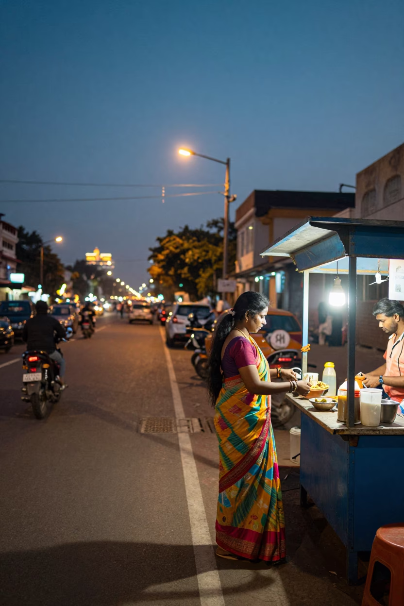 Chennai India street scene at dusk with glowing city lights and colorful traditional attire in in Chennai, India
