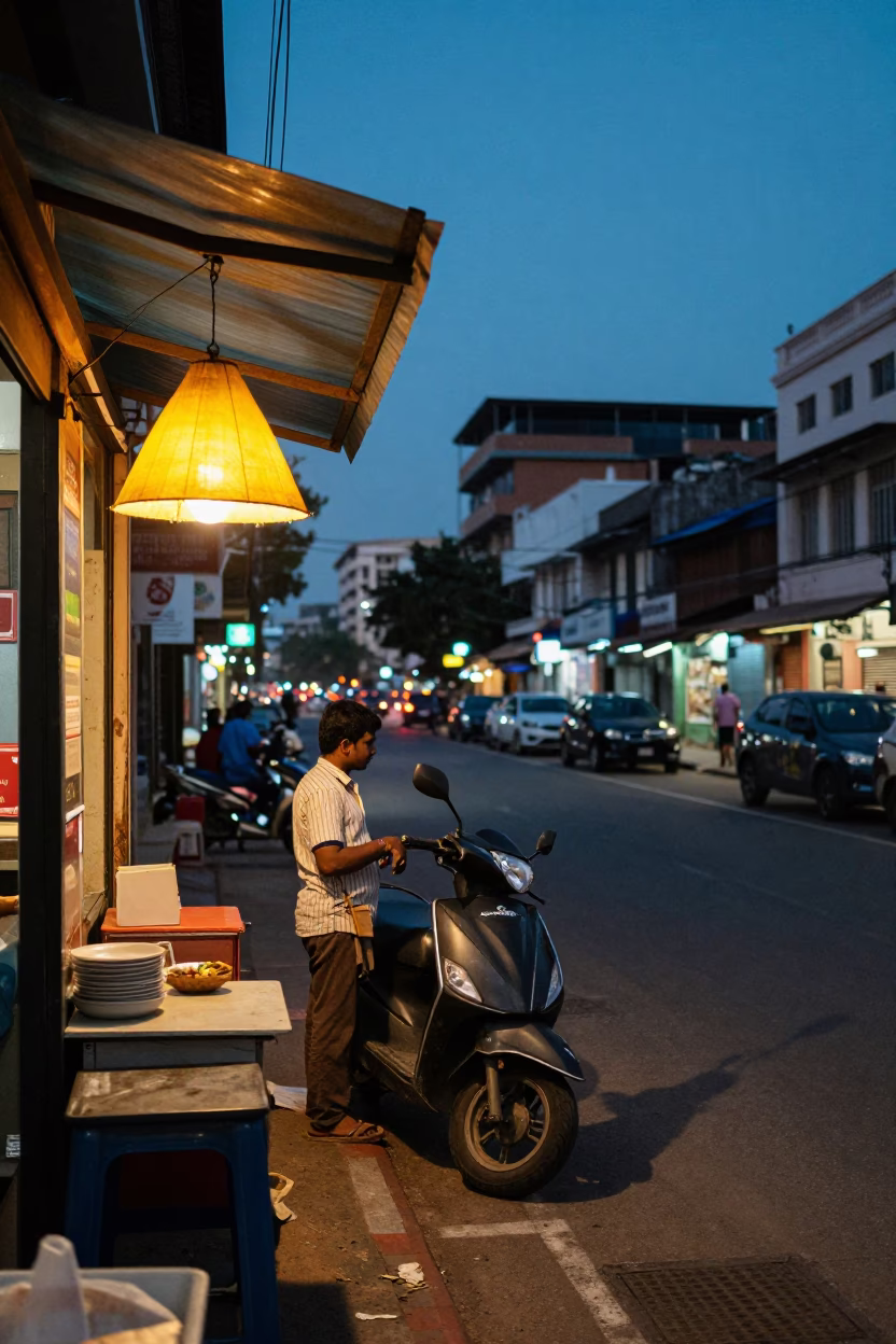Chennai India Street Scene at Dusk with Lampshade and City Lights in in Chennai, India