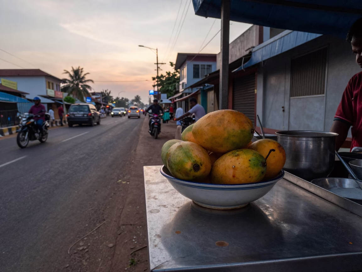 Chennai India street scene at nautical dawn with tea stains and fruit bowl in in Chennai, India