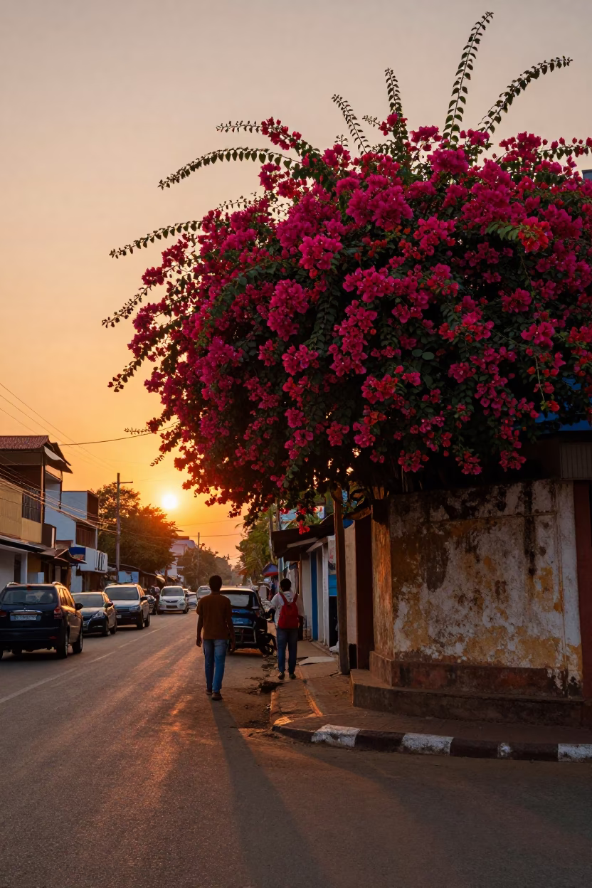 Chennai India street scene at sunset with bougainvillea and local shop in in Chennai, India