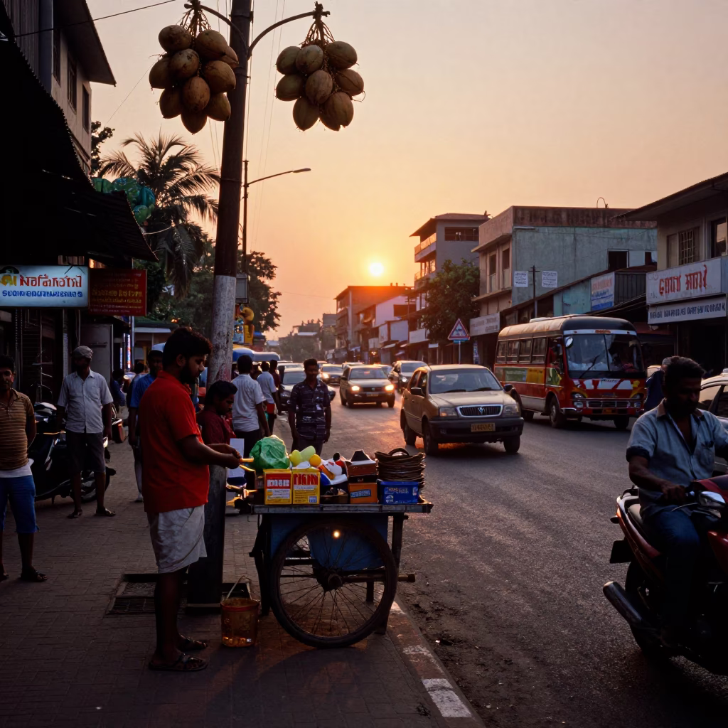 Chennai India street scene at sunset with coconuts and busy traffic in in Chennai, India