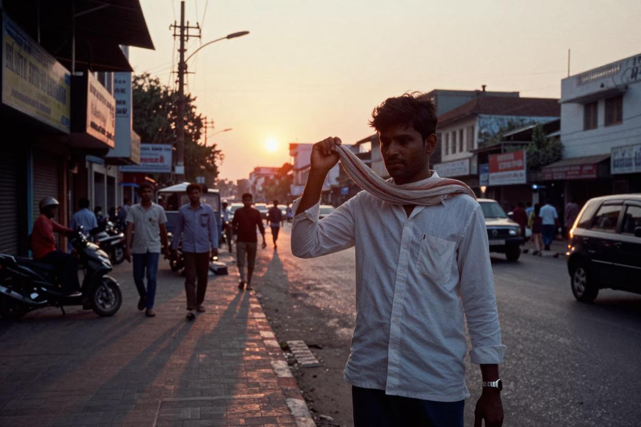 Chennai India street scene at sunset with man holding scarf and ceramic cup in in Chennai, India