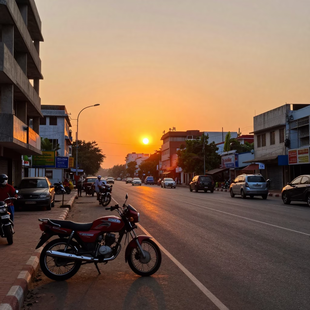 Chennai India street scene at sunset with parked motorcycle and local shopfront in in Chennai, India