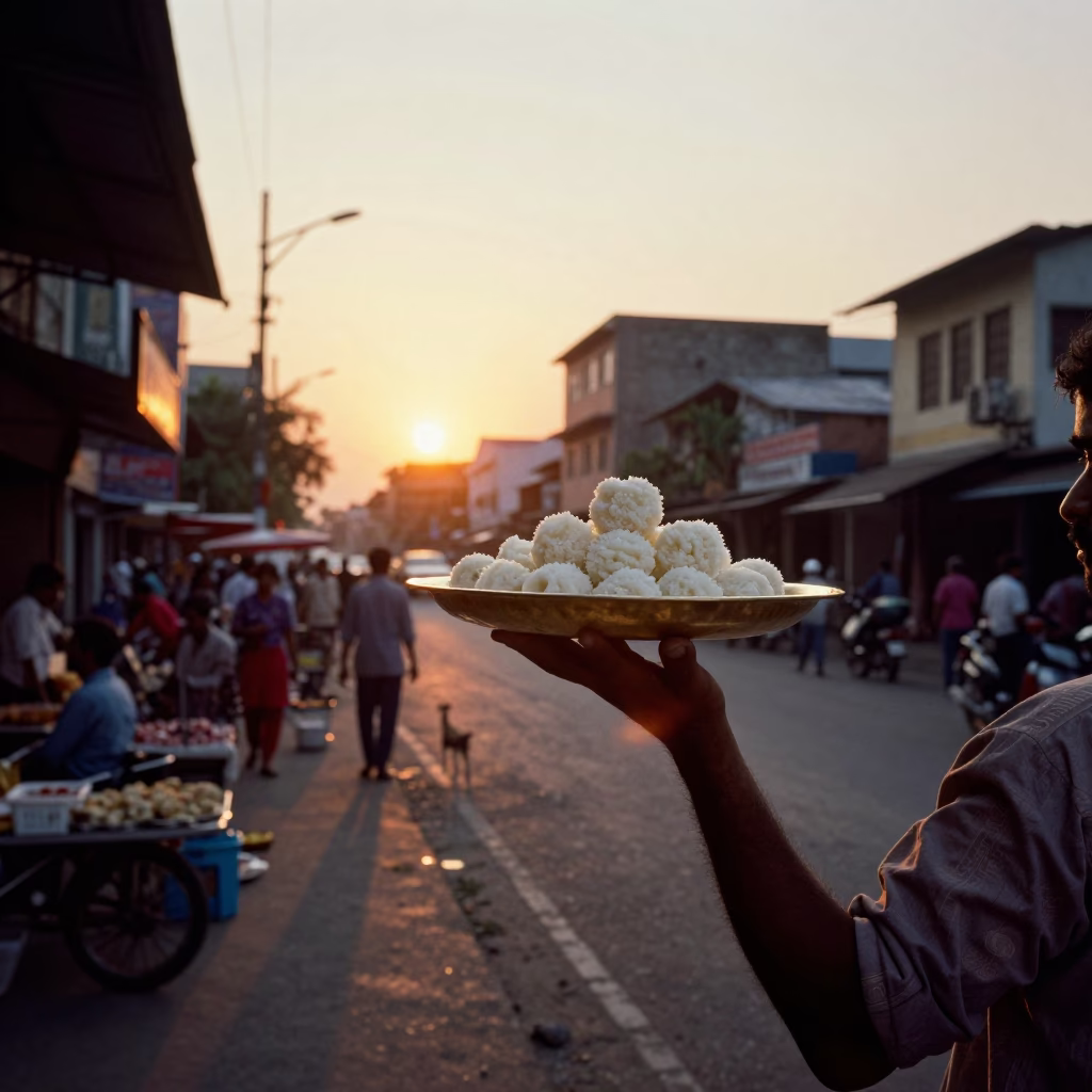 Chennai India Street Scene at Sunset with Ras Malai and Oil Lamp in in Chennai, India