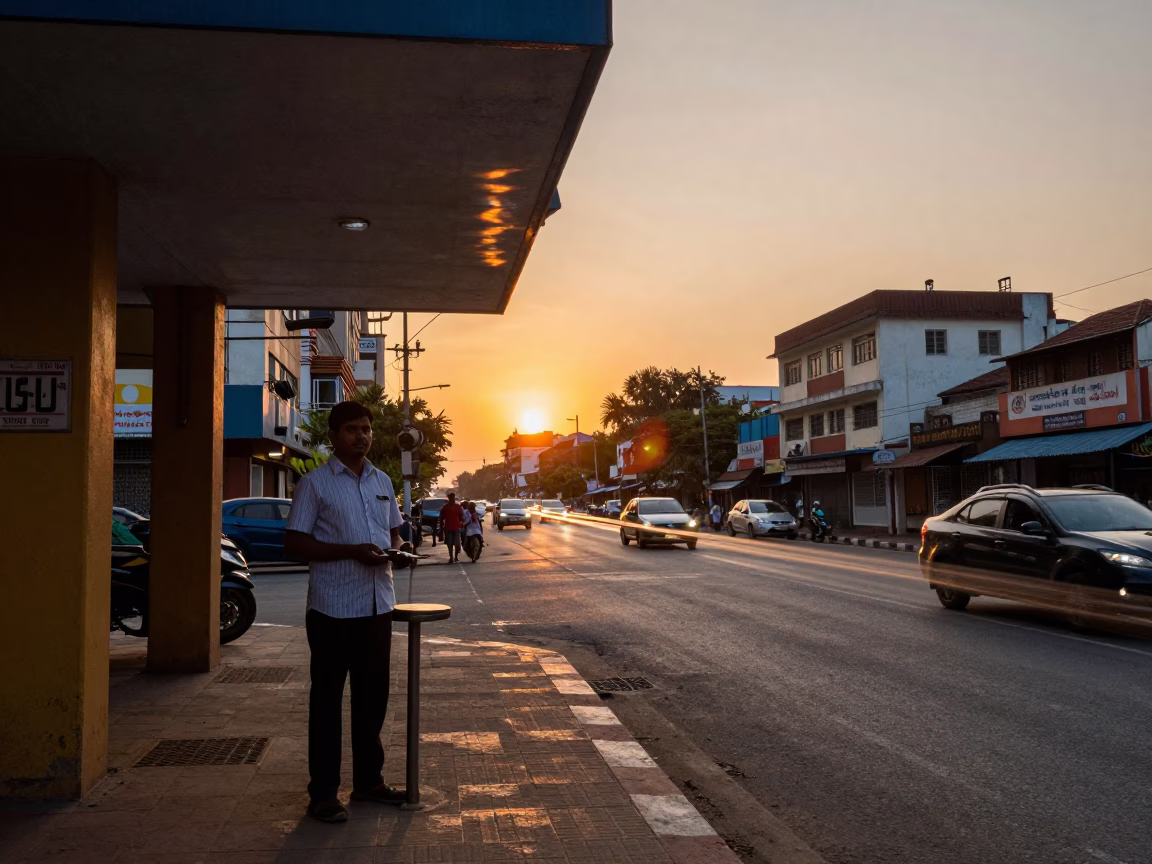 Chennai India street scene at sunset with valet stand and hotel awning reflections in in Chennai, India
